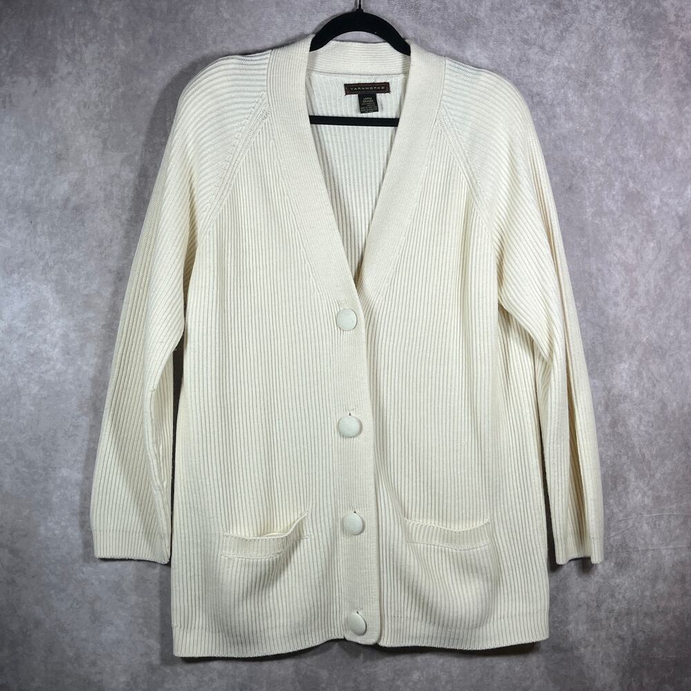 Vintage Yarnworks Cardigan Sweater Womens L‎ Ivory Rib Knit Button Academia Geek
